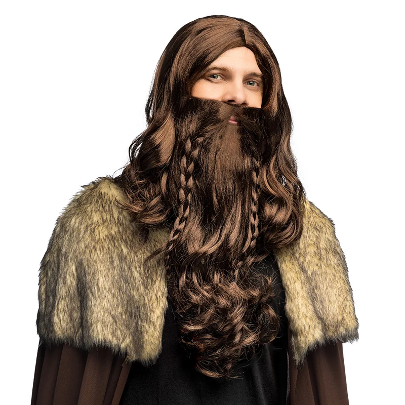 Pruik Viking warrior bruin met baard (krijger set)