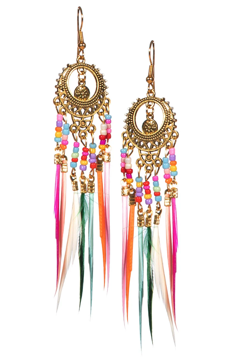 Oorbellen hippie veertjes multicolor
