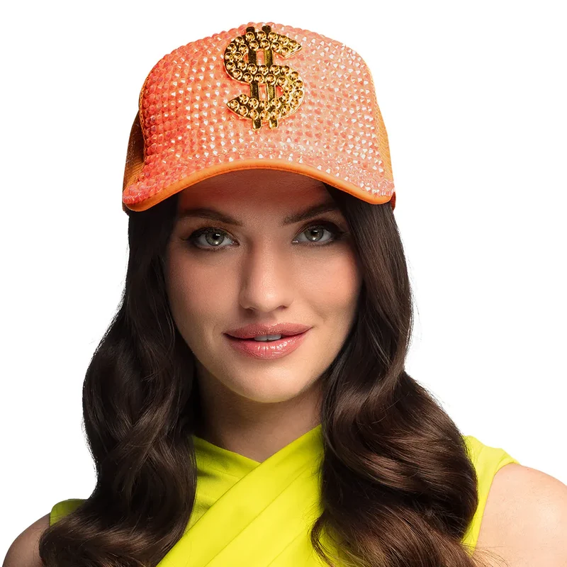 Neon Oranje Dollar Pet met Strass