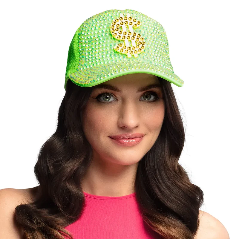 Neon Groene Dollar Pet met Strass