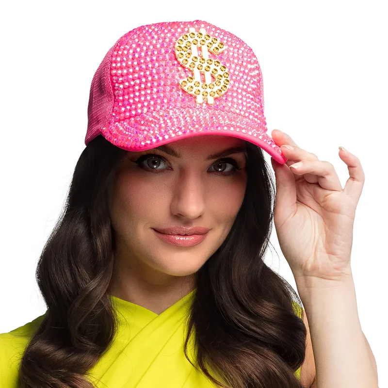 Neon Roze Dollar Pet met Strass