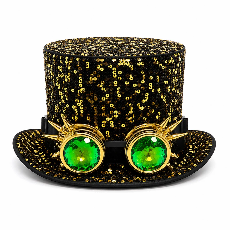 Hoed goud pailletten steampunk met bril