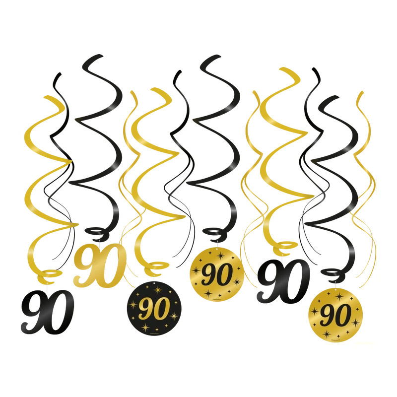 Swirl draaislinger 90 jaar goud zwart 12 stuks