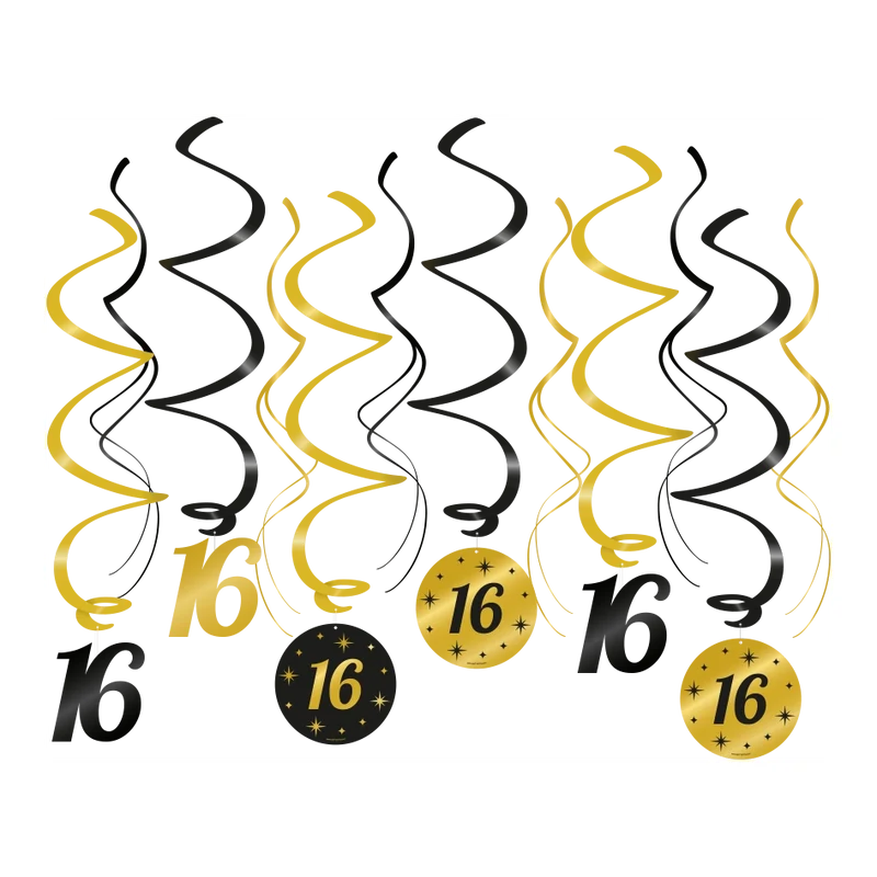 Swirl draaislinger 16 jaar goud zwart 12 stuks