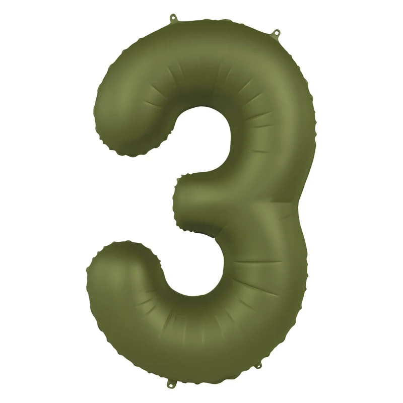 Folieballon Cijfer 3 - Olijf Groen Mat- 86 cm