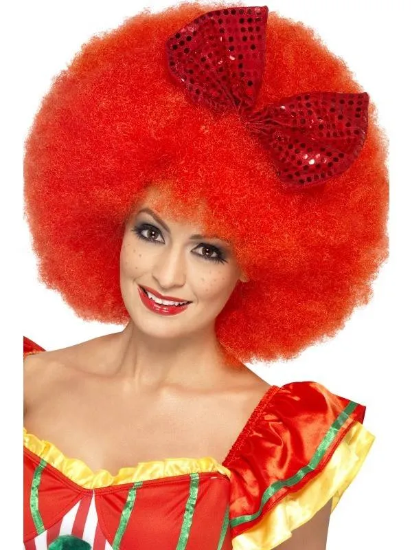 Pruik Afro clown rood met strik
