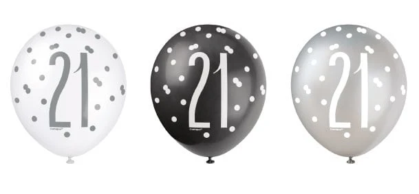 Ballonnen 21 Jaar Zwart en Zilver Glitz (6st)