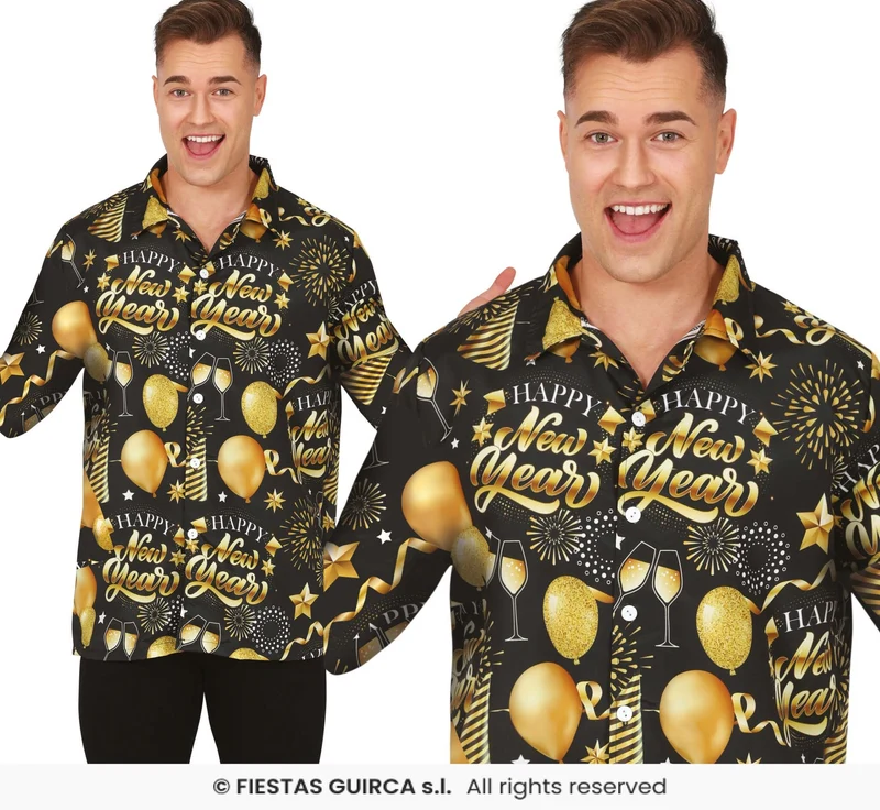 Happy New Year Blouse Heren Zwart/Goud
