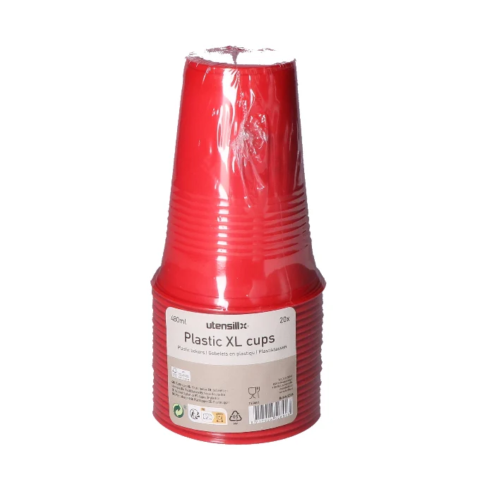 Bekers plastic XL rood – 20 stuks (480 ml)
