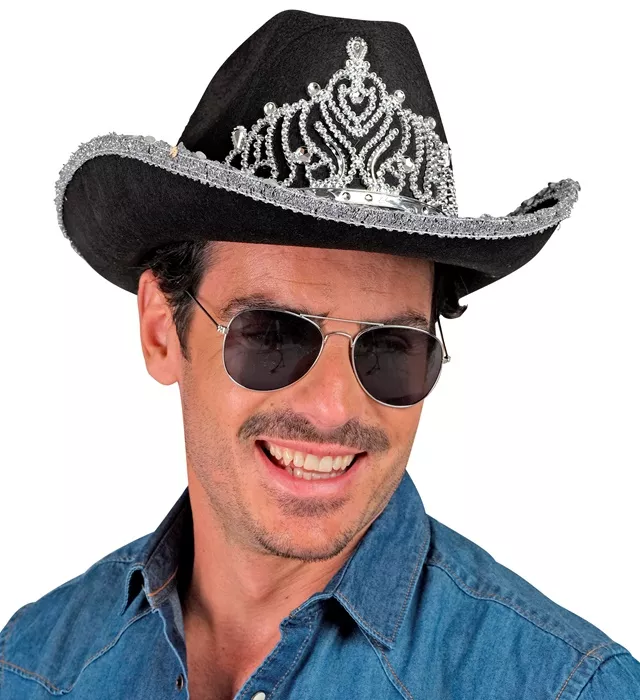 Cowboyhoed partygirl met tiara zwart haarband Esmee