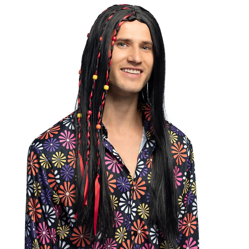 Flower Power Pruik Zwart Met Kralen Fern