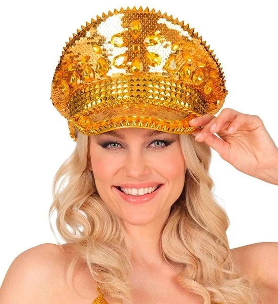 Pet met juwelen en pailletten goud hoed Roos