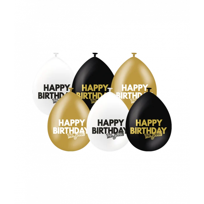 Ballonnen Celebration Happy Birthday Wit/Goud/Zwart (6st)