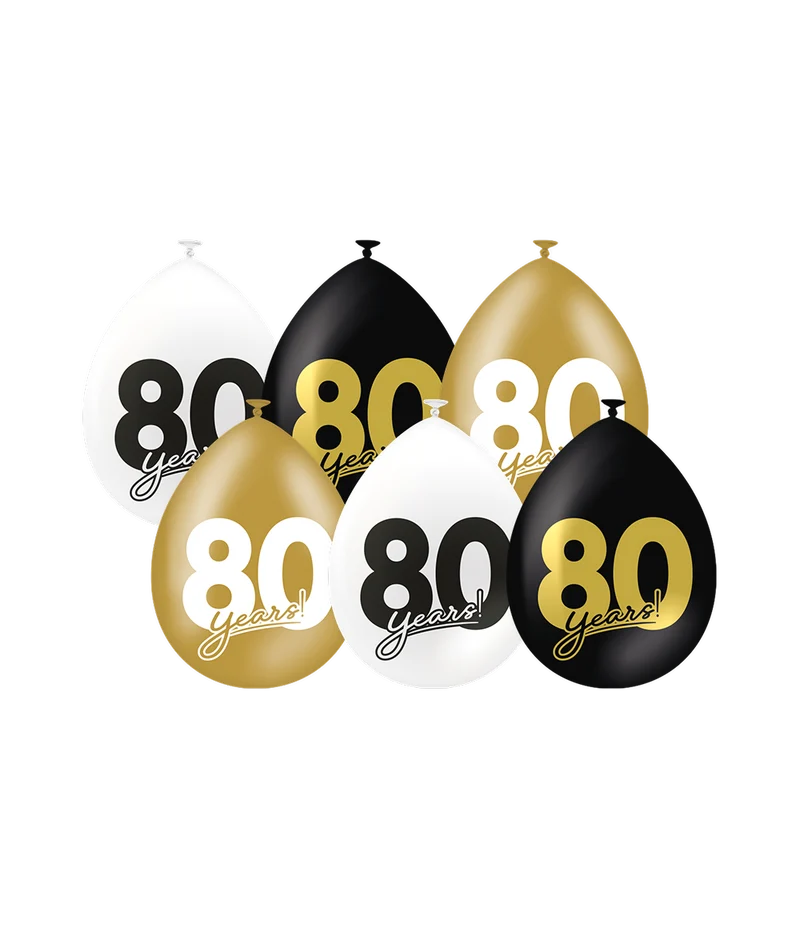 Ballonnen Celebration 80 Jaar Wit/Goud/Zwart (6st)