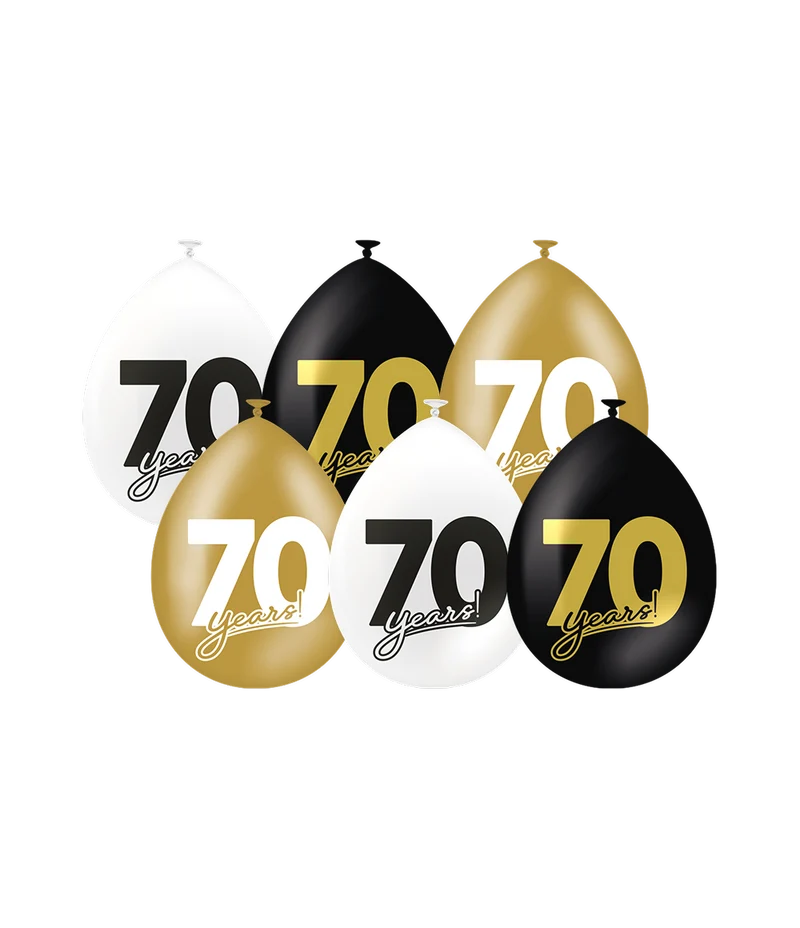 Ballonnen Celebration 70 Jaar Wit/Goud/Zwart (6st)