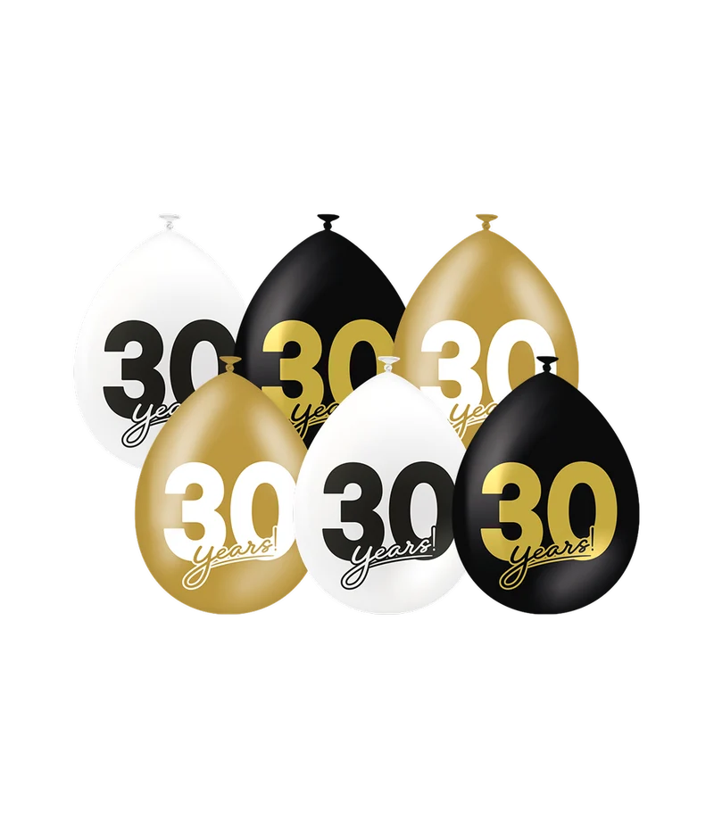 Ballonnen Celebration 30 Jaar Wit/Goud/Zwart (6st)