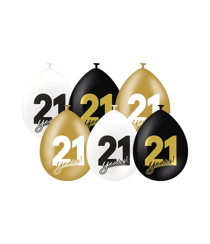 Ballonnen Celebration 21 Jaar Wit/Goud/Zwart (6st)