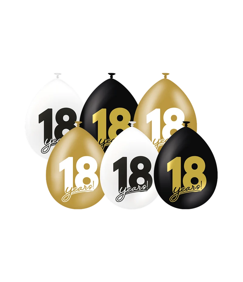 Ballonnen Celebration 18 Jaar Wit/Goud/Zwart (6st)