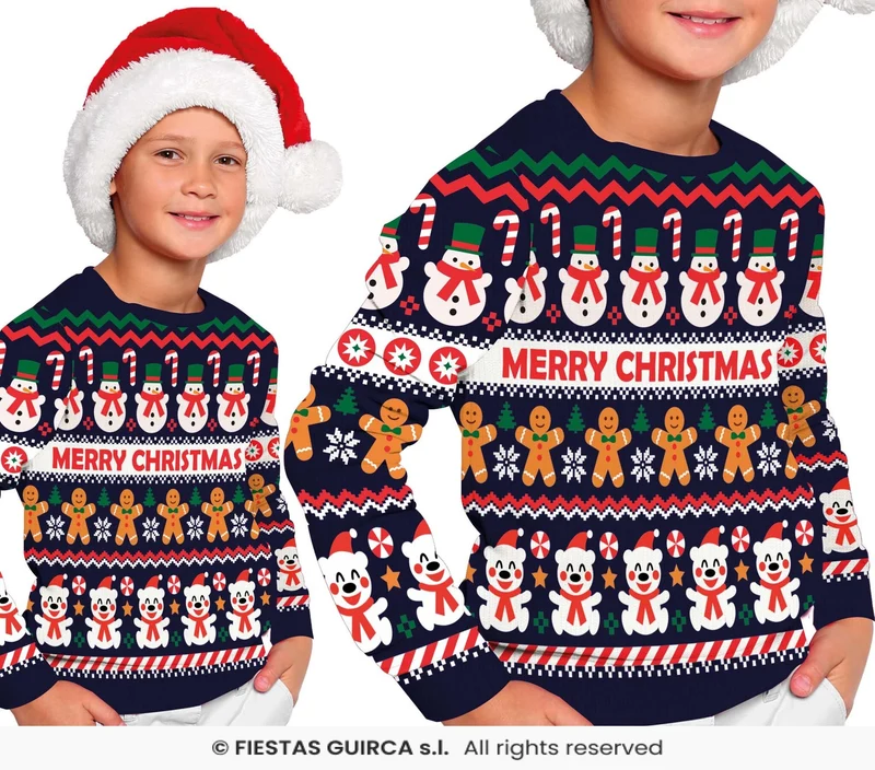 Kerst Sweater Kind Merry Christmas Sneeuwpop Blauw