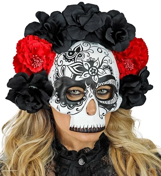 Schedelmasker dag van de doden met zwarte en rode rozen Noah