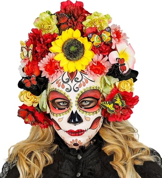 Masker dag van de doden met zonnebloemen en gekleurde bloemen Lotte