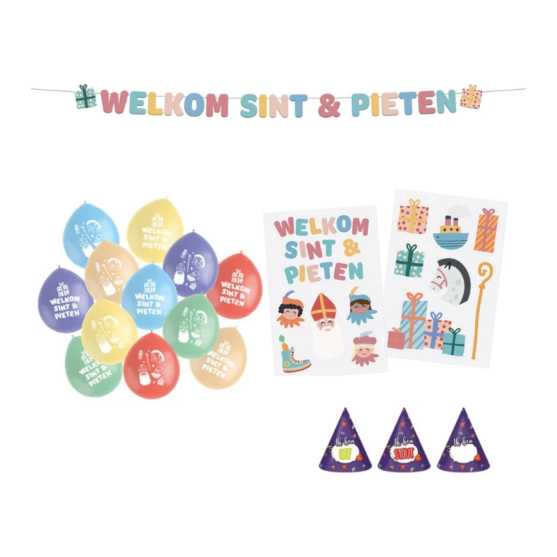 Welkom Sint en Pieten letterslinger, raamstickers en ballonnen (pakket 17)