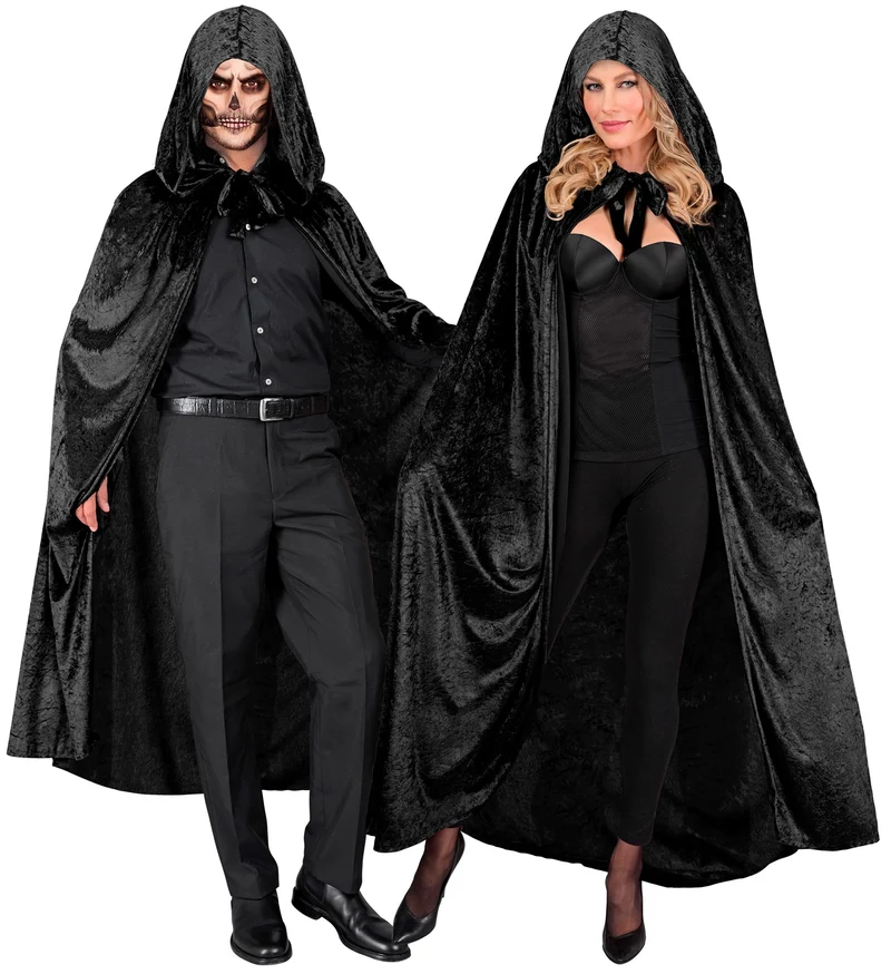 Zwart fluwelen cape met kap 140cm Olivia