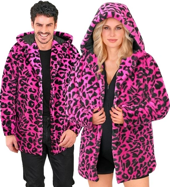 Bontjas met muts pluche luipaard neon roze Roos