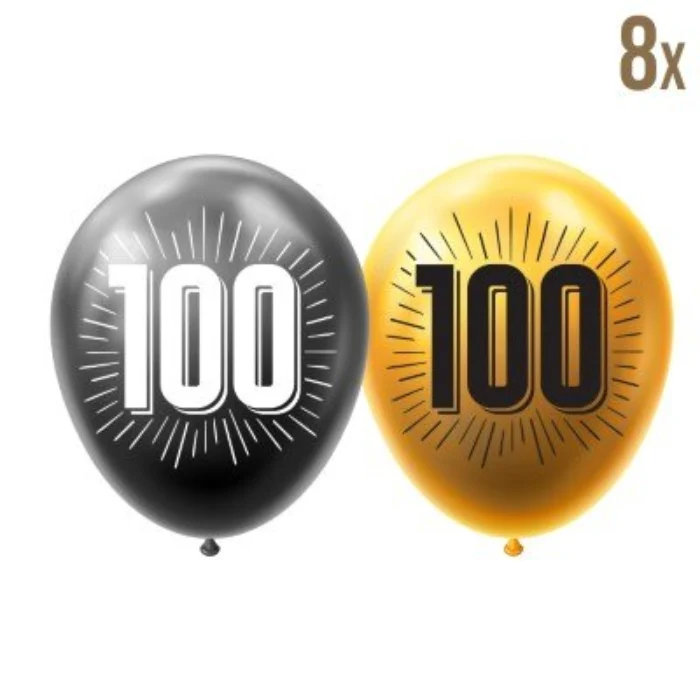 Ballonnen 100 zwart/goud 30 cm - 8 stuks