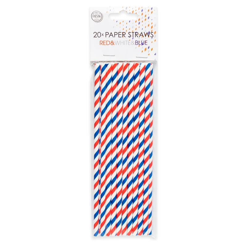 Papieren rietjes rood, wit, blauw 20 stuks