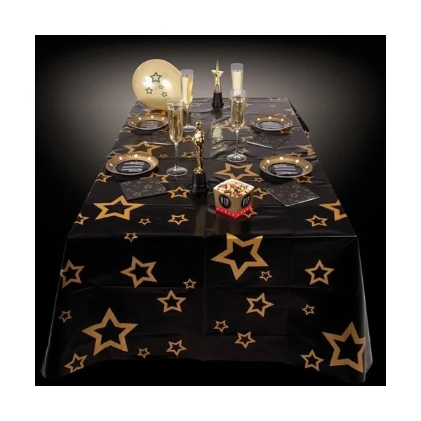 Tafelkleed zwart met gouden sterren plastic 180x130cm