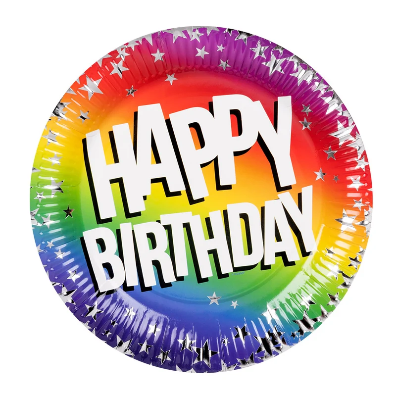 Set 10 papieren bordjes Rainbow 'Happy birthday' (XL)