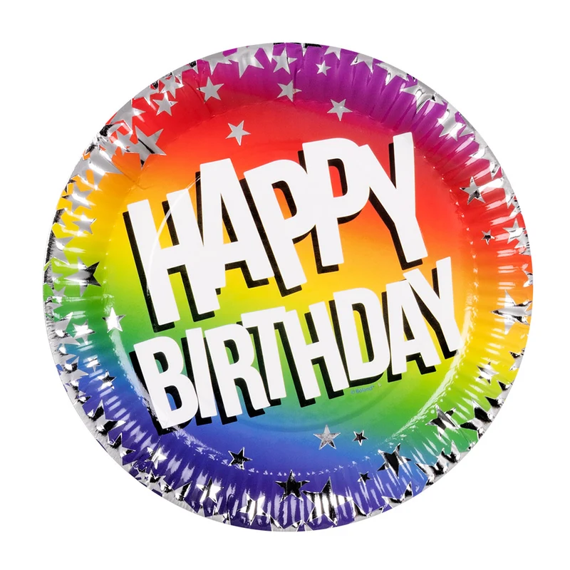 Set 10 papieren bordjes Rainbow 'Happy birthday'