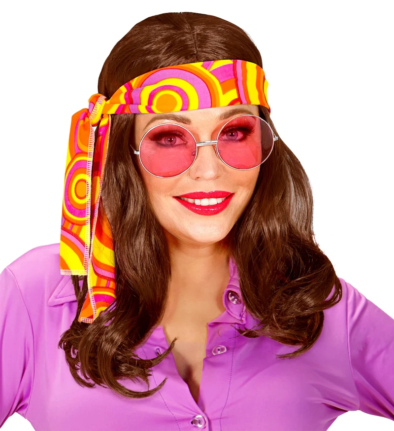 Disco pruik hippie met hoofdband bruin