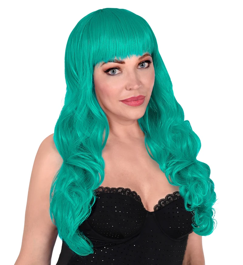 Turquoise pruik met pony en lang krullend haar