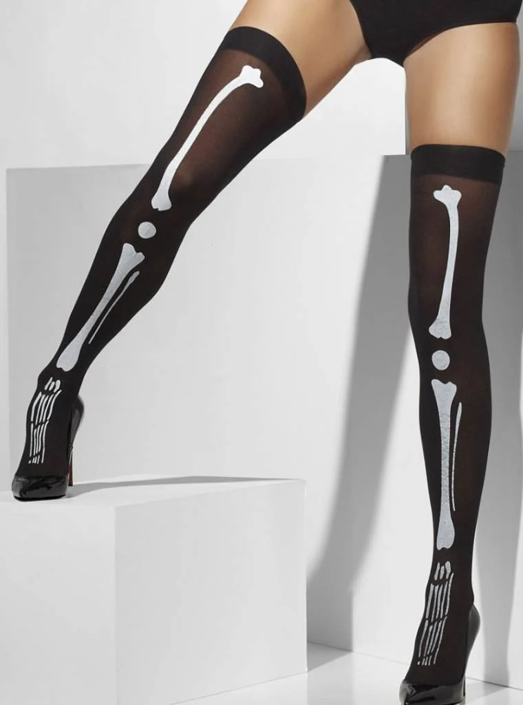 Hoge kousen zwart met skeletprint