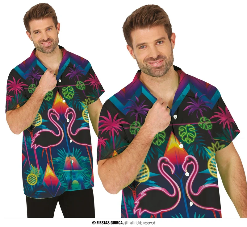 Overhemd Flamingo Neon Tropisch Korte Mouw