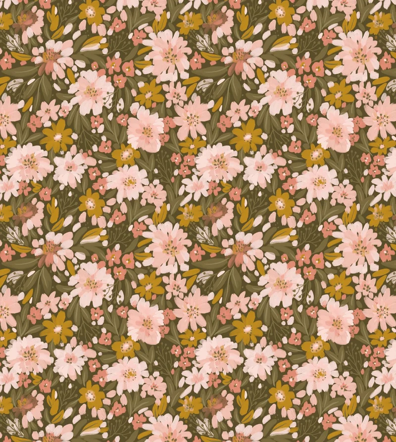 ESTAhome fotobehang bloemen vergrijsd olijfgroen, zacht roze en okergeel - 2.5 x 2.79 m - 159628
