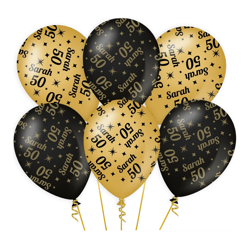 Ballonnen Sarah 50 jaar Goud Zwart 6 stuks 30cm