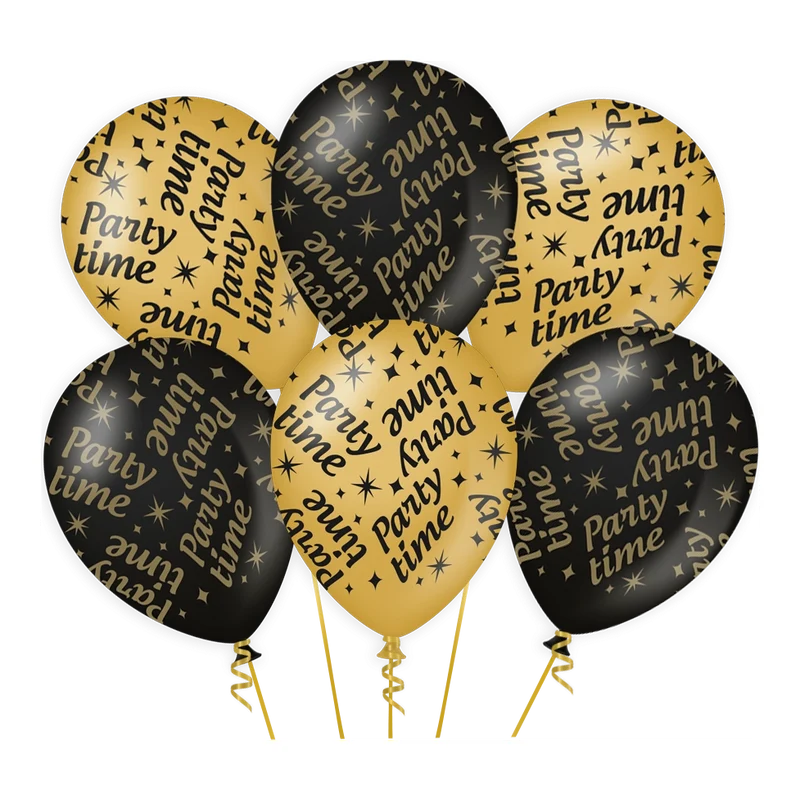 Ballonnen Party Time Goud Zwart 6 stuks 30cm