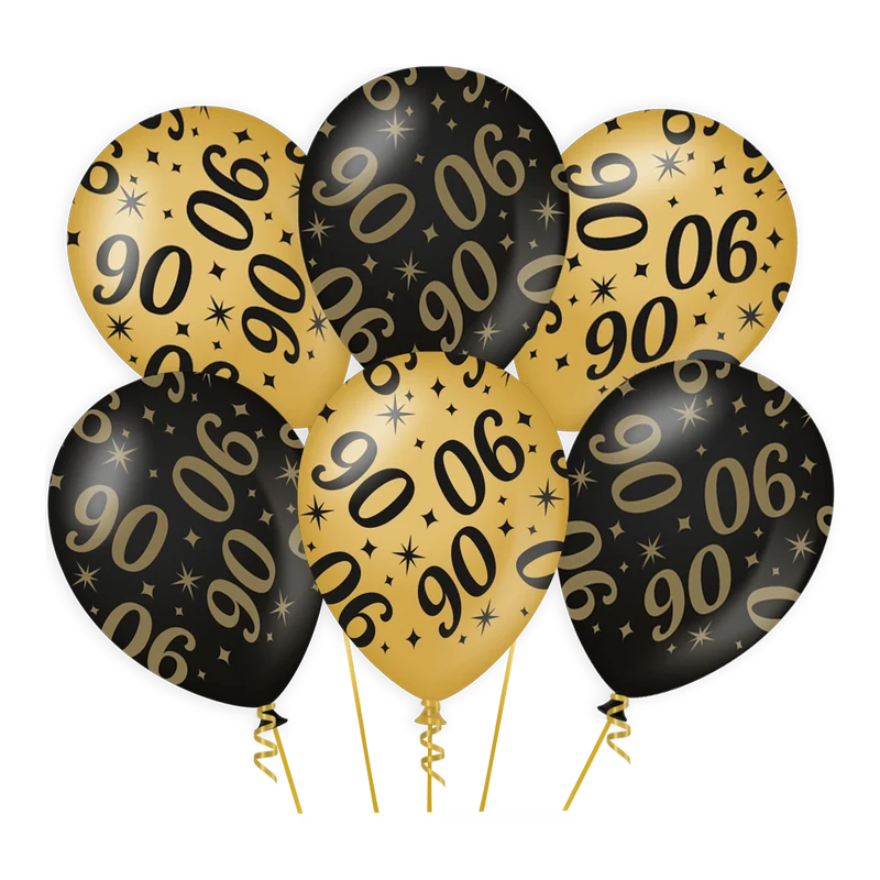 Ballonnen 90 jaar Goud Zwart 6 stuks 30cm
