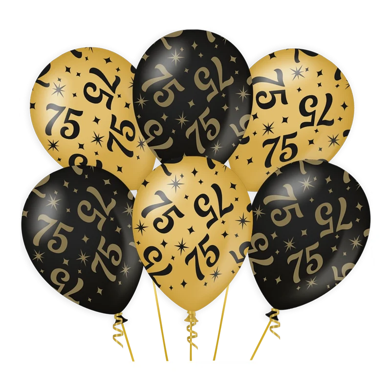 Ballonnen 75 jaar Goud Zwart 6 stuks 30cm