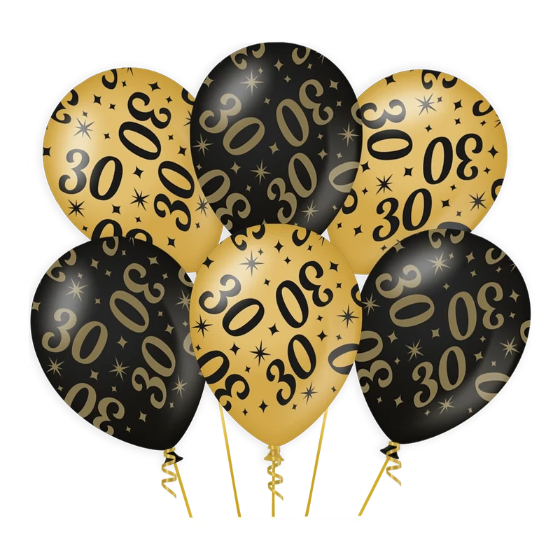 Ballonnen 30 jaar Goud Zwart 6 stuks 30cm