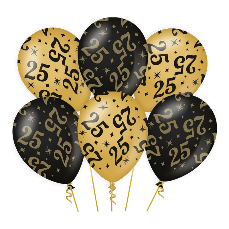 Ballonnen 25 jaar Goud Zwart 6 stuks 30cm