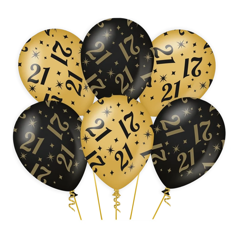 Ballonnen 21 jaar Goud Zwart 6 stuks 30cm