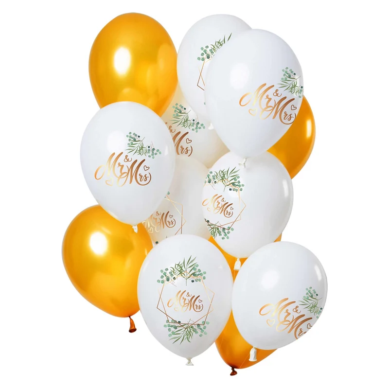 Ballonnen Bruiloft 'Mr & Mrs' Goudkleurig 30cm - 12 stuks