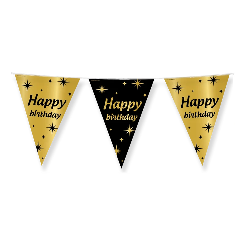 Party vlaggen Happy Birthday Goud Zwart