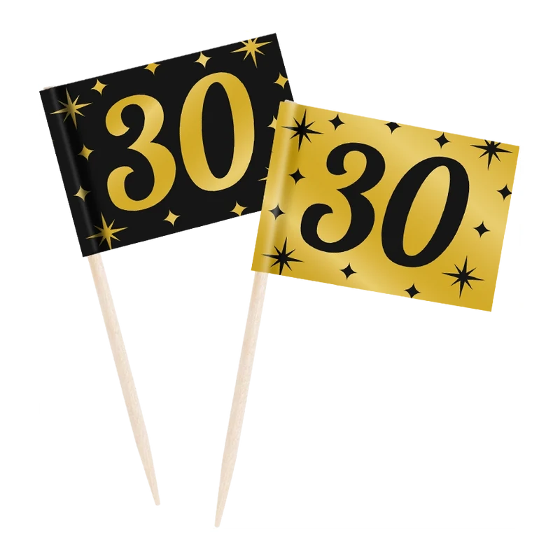 Cocktail prikkers 30 jaar zwart - goud - 50 stuks