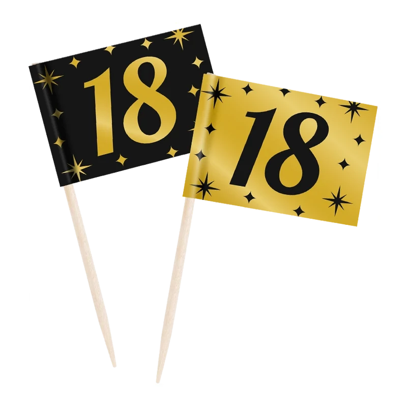 Cocktail prikkers 18 jaar zwart - goud - 50 stuks