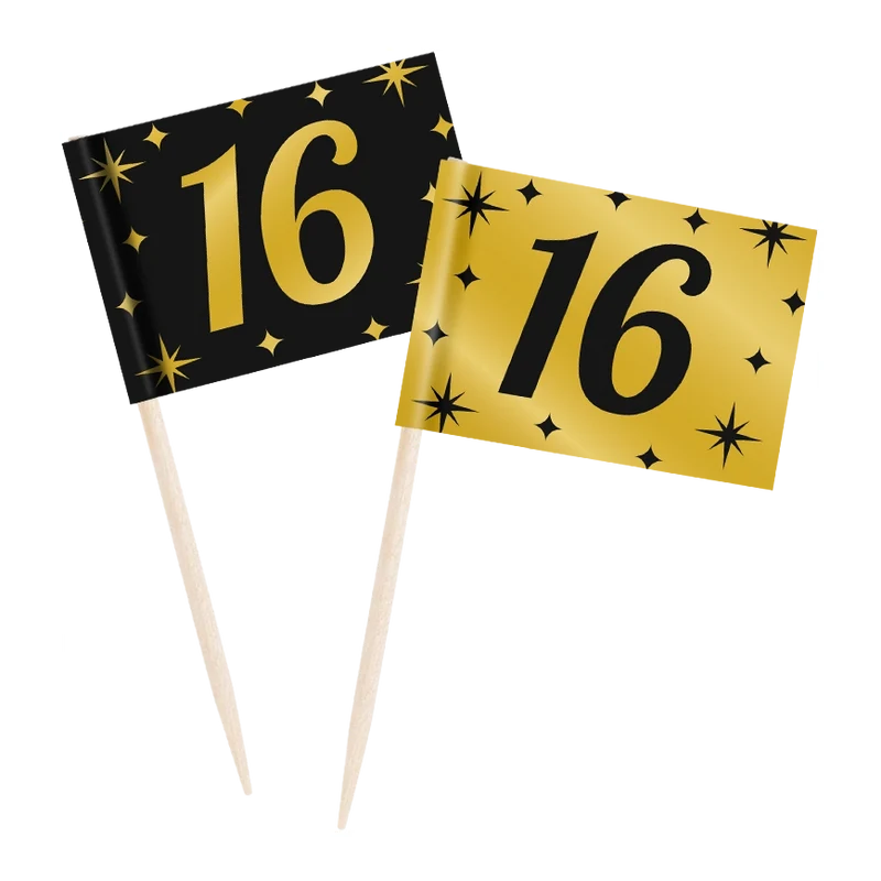 Cocktail prikkers 16 jaar zwart - goud - 50 stuks